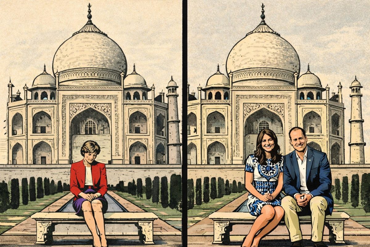 Aριστερά η Lady Diana και δεξιά η Kate Middleton και ο Πρίγκιπας William μπροστά από το Taj Mahal