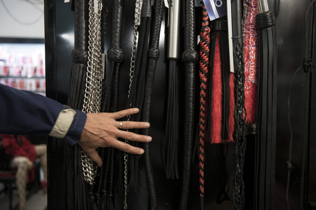 TURIN, ITALY - MAY 29: A man looks at whips for adult on display inside a Sex Shop on May 29, 2020 in Turin, Italy. Many Italian businesses have been allowed to reopen, after more than two months of a nationwide lockdown meant to curb the spread of Covid-19. (Photo by Stefano Guidi/Getty Images)