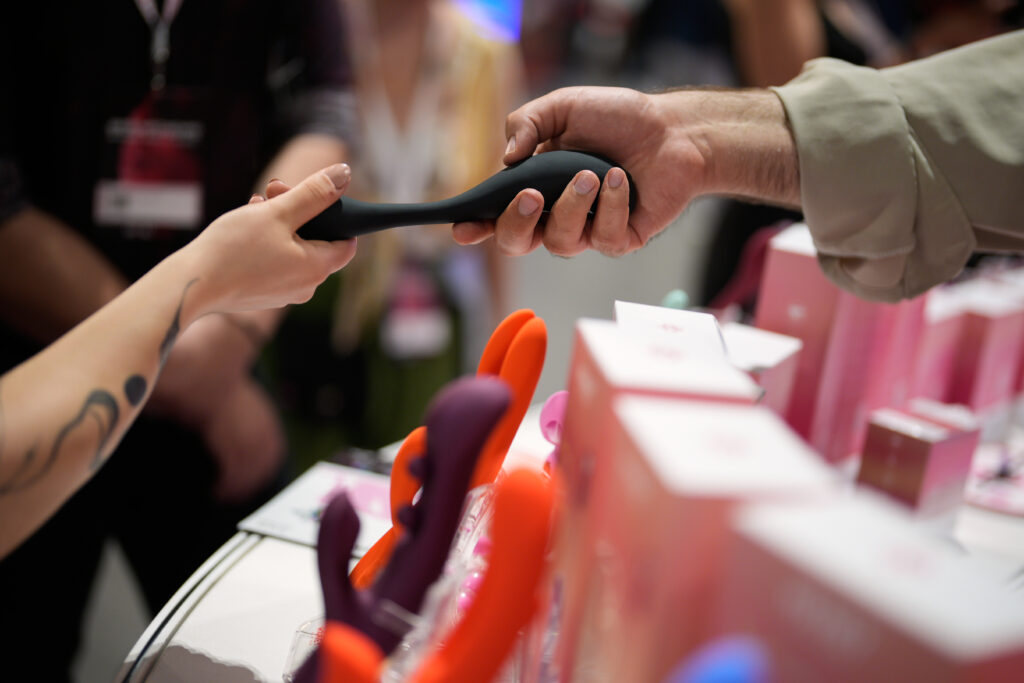 A vendor shows off erotic merchandise at the EroChain Expo erotic fair in Warsaw, Poland on 27 June, 2025. (Photo by Jaap Arriens/NurPhoto via Getty Images)