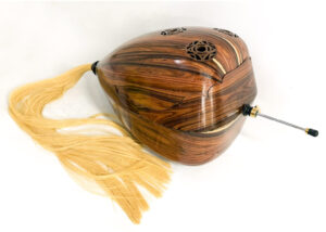 Antrea Tzourovits, Three Windows, Two Tails, and the Hum 2025 80 x 50 x 50 cm | Bolivian rosewood, horse hair used for cello bows, musical instrument binding purfling strips, stainless steel cello end pin, varnish. | Photo: Courtesy of the artist and, Bernier/Eliades Gallery